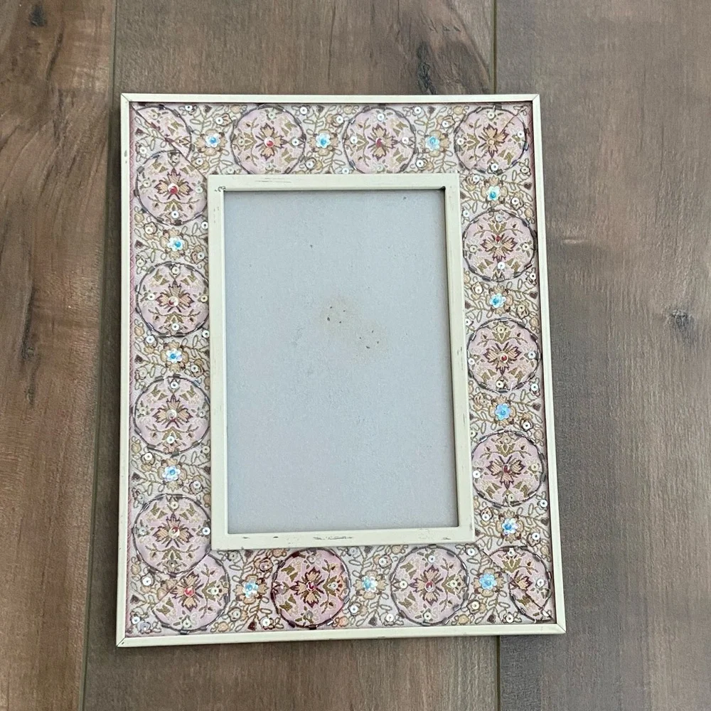 Beaded & Sequin Boho Picture Frame Pink Floral Decorative Accent